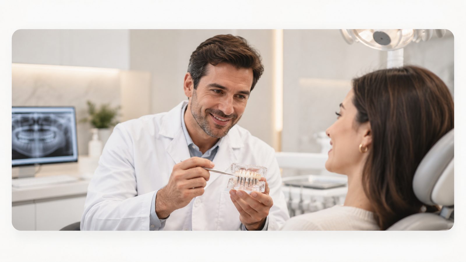 Dentist reviewing a dental implant model with a patient at our accredited partner dental clinic
